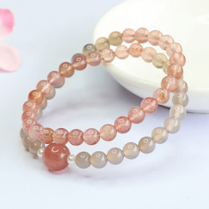 Buddha Stones Pulsera doble de cuarzo fresa y ágata gris con efecto positivo - image 3