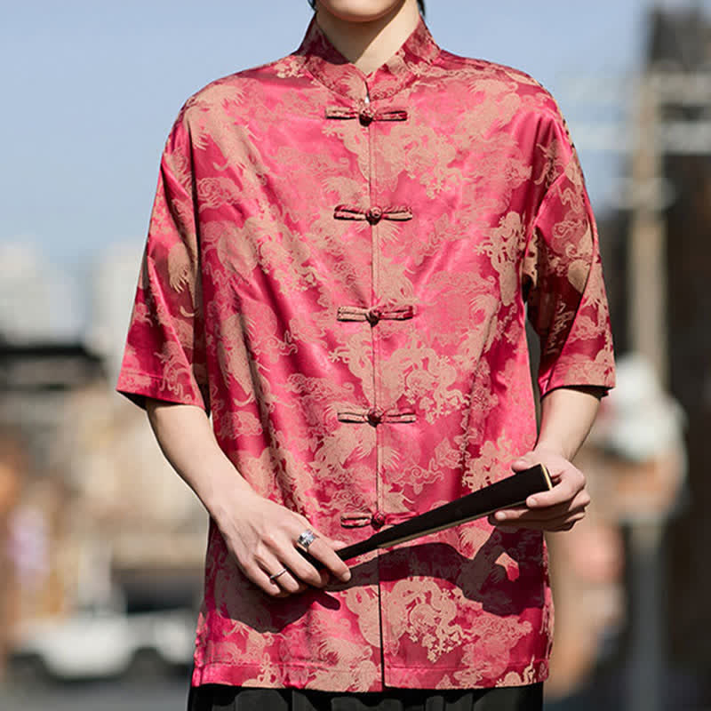 Buddha Stones Camisas de manga corta para hombre estilo Tang de verano con botones de rana y estampados de animales. - image 6