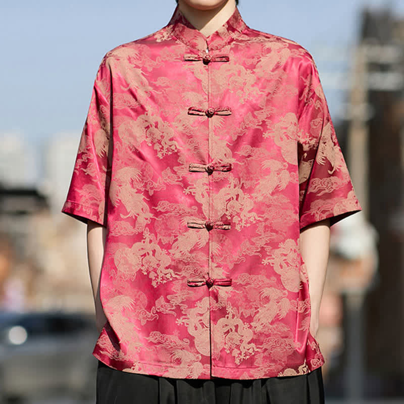 Buddha Stones Camisas de manga corta para hombre estilo Tang de verano con botones de rana y estampados de animales. - Carmesí - US/UK/AU46, EU56 (5XL) - image 0