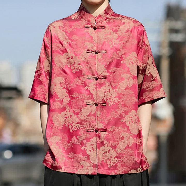 Buddha Stones Camisas de manga corta para hombre estilo Tang de verano con botones de rana y estampados de animales. - Carmesí - US/UK/AU46, EU56 (5XL) - image 0