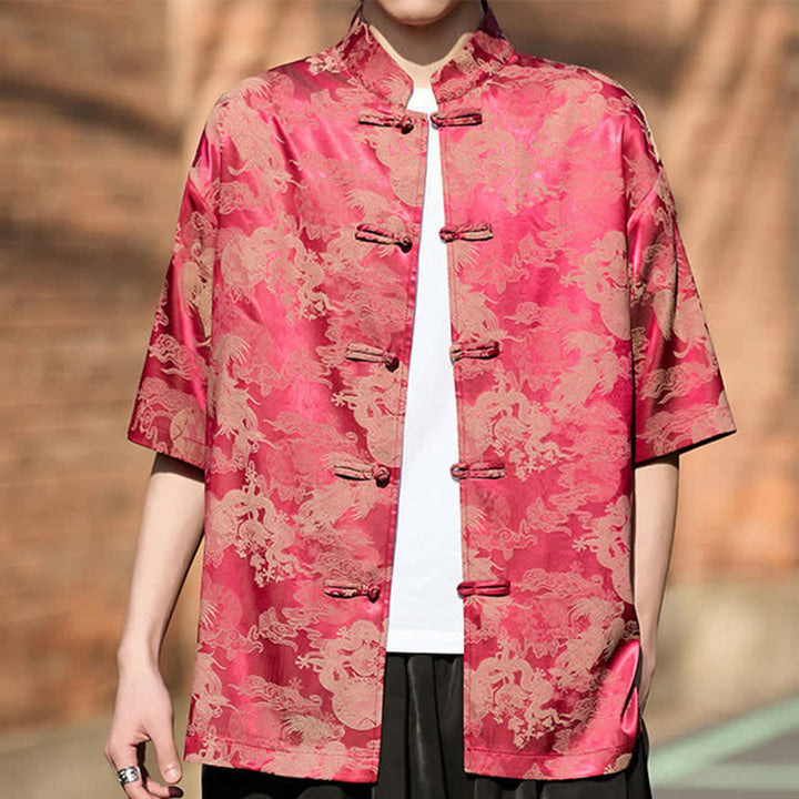 Buddha Stones Camisas de manga corta para hombre estilo Tang de verano con botones de rana y estampados de animales. - image 3