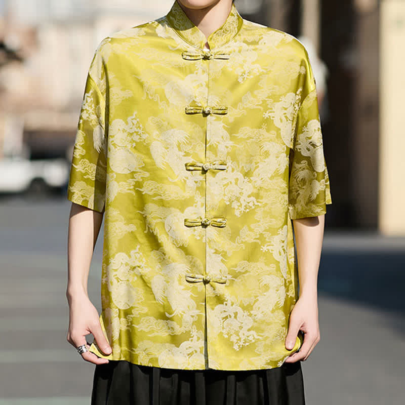 Buddha Stones Camisas de manga corta para hombre estilo Tang de verano con botones de rana y estampados de animales. - Amarillo - US/UK/AU46, EU56 (5XL) - image 10