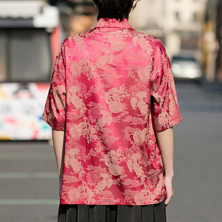Buddha Stones Camisas de manga corta para hombre estilo Tang de verano con botones de rana y estampados de animales. - image 1