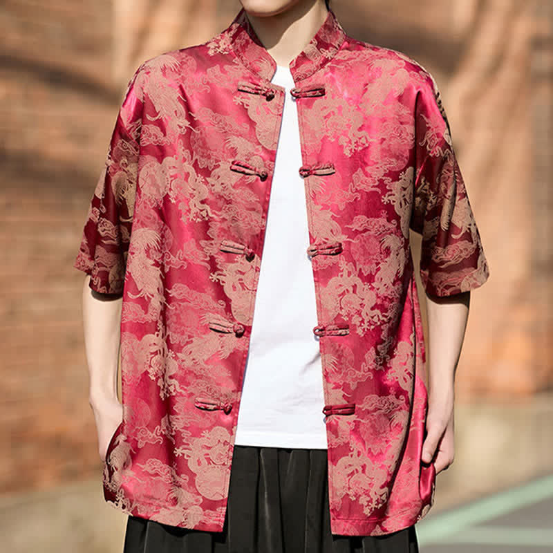 Buddha Stones Camisas de manga corta para hombre estilo Tang de verano con botones de rana y estampados de animales. - image 4