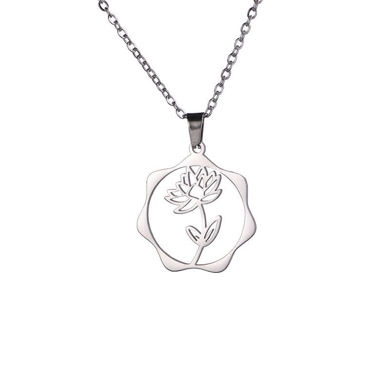 Buddha Stones Collar con colgante de acero de titanio con la flor de nacimiento del loto y la iluminación. - Loto - Acero de titanio plateado - image 0