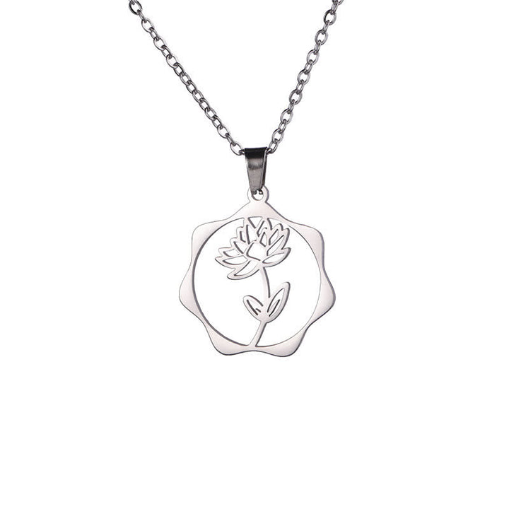 Buddha Stones Collar con colgante de acero de titanio con la flor de nacimiento del loto y la iluminación. - Loto - Acero de titanio plateado - image 0