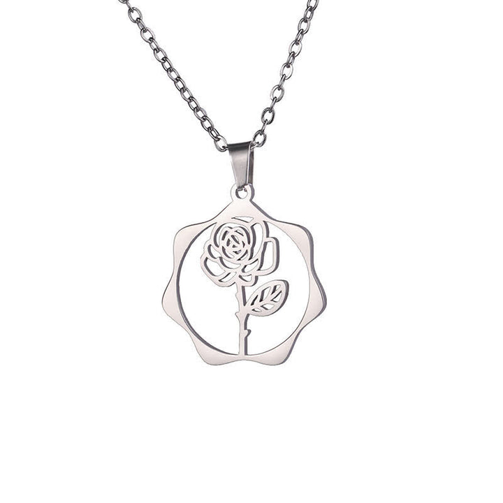 Buddha Stones Collar con colgante de acero de titanio con la flor de nacimiento del loto y la iluminación. - Rosa - Acero de titanio plateado - image 25