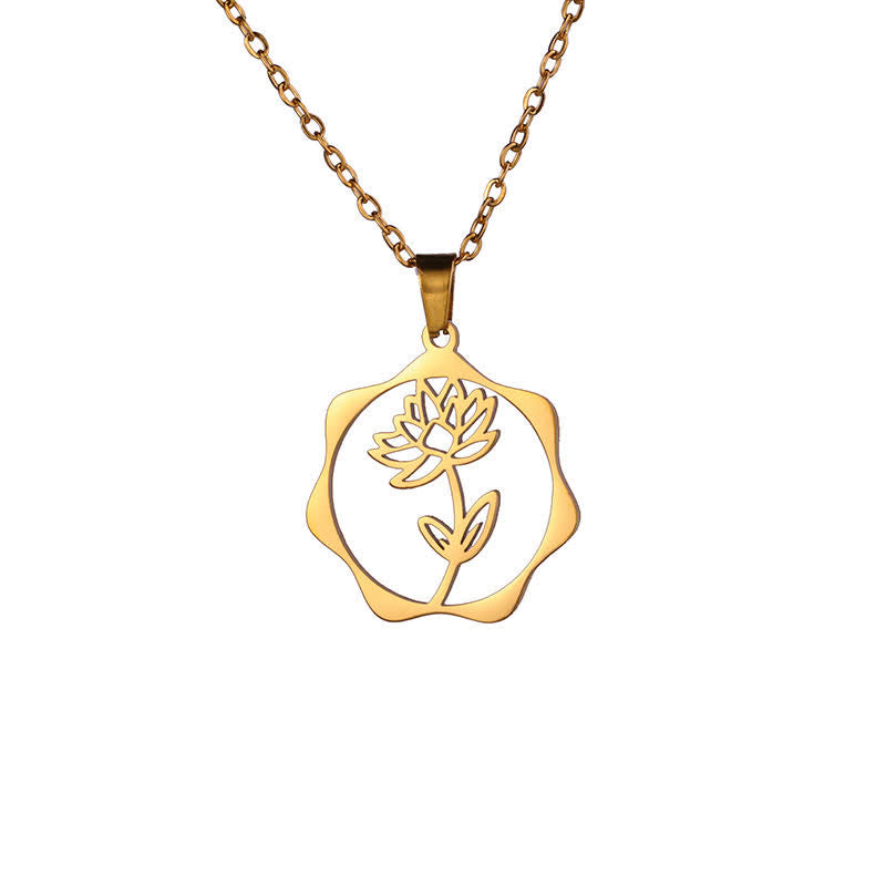 Buddha Stones Collar con colgante de acero de titanio con la flor de nacimiento del loto y la iluminación. - Loto - Acero de titanio dorado - image 1