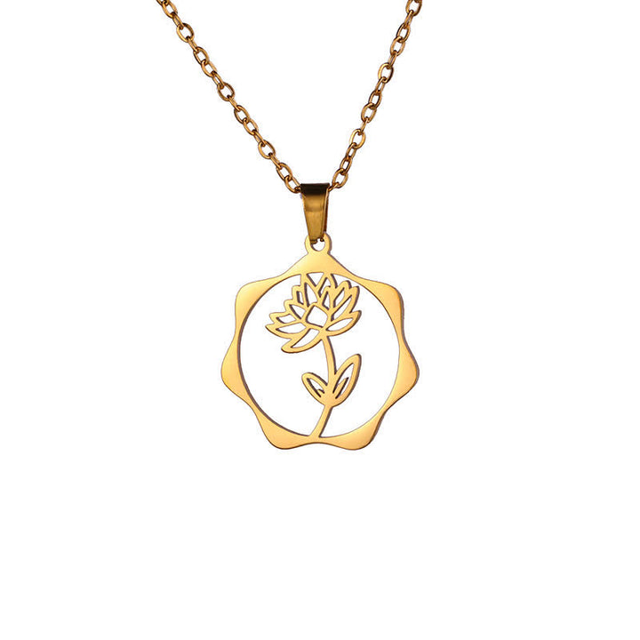 Buddha Stones Collar con colgante de acero de titanio con la flor de nacimiento del loto y la iluminación. - Loto - Acero de titanio dorado - image 1