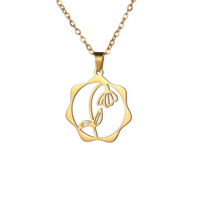 Buddha Stones Collar con colgante de acero de titanio con la flor de nacimiento del loto y la iluminación. - Campanilla de febrero - Acero de titanio dorado - image 28
