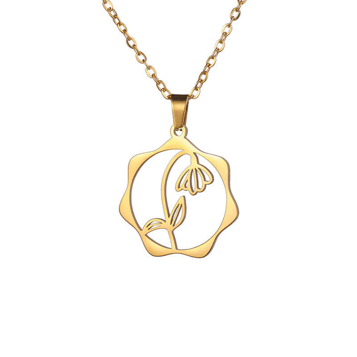 Buddha Stones Collar con colgante de acero de titanio con la flor de nacimiento del loto y la iluminación. - Campanilla de febrero - Acero de titanio dorado - image 28