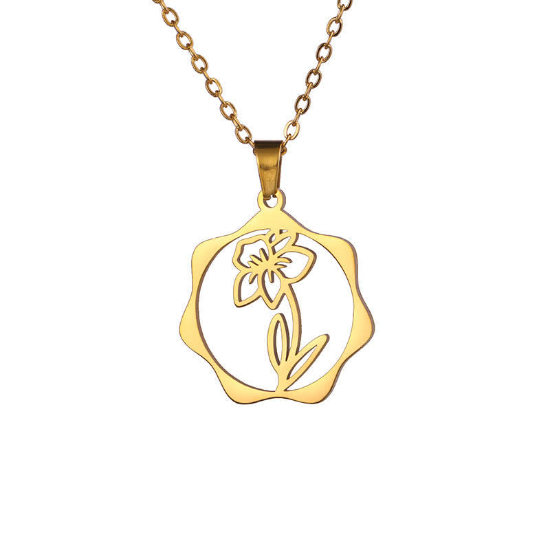 Buddha Stones Collar con colgante de acero de titanio con la flor de nacimiento del loto y la iluminación. - Narciso - Acero de titanio dorado - image 30