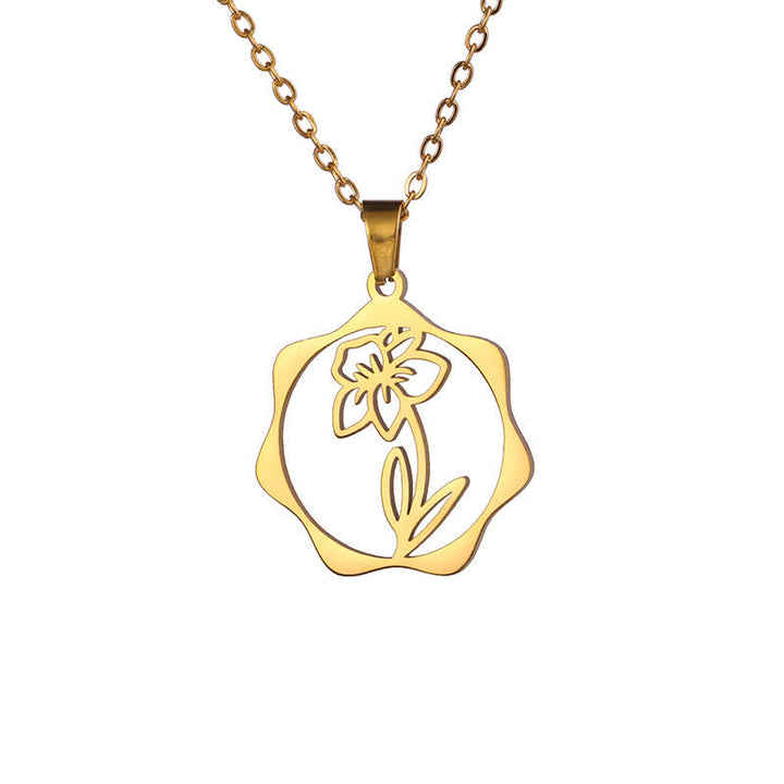 Buddha Stones Collar con colgante de acero de titanio con la flor de nacimiento del loto y la iluminación. - Narciso - Acero de titanio dorado - image 30