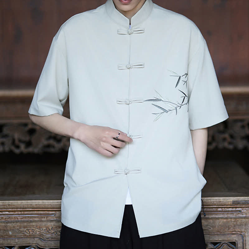 Buddha Stones Camisas de manga corta para hombre estilo Tang de verano con cuello mandarín, botones de rana y bordado de bambú. - image 1