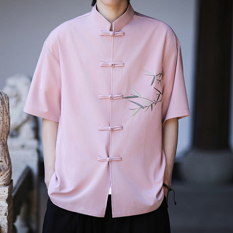 Buddha Stones Camisas de manga corta para hombre estilo Tang de verano con cuello mandarín, botones de rana y bordado de bambú. - image 20