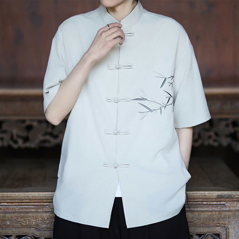Buddha Stones Camisas de manga corta para hombre estilo Tang de verano con cuello mandarín, botones de rana y bordado de bambú. - Blanco - US/UK/AU46, EU56 (5XL) - image 0