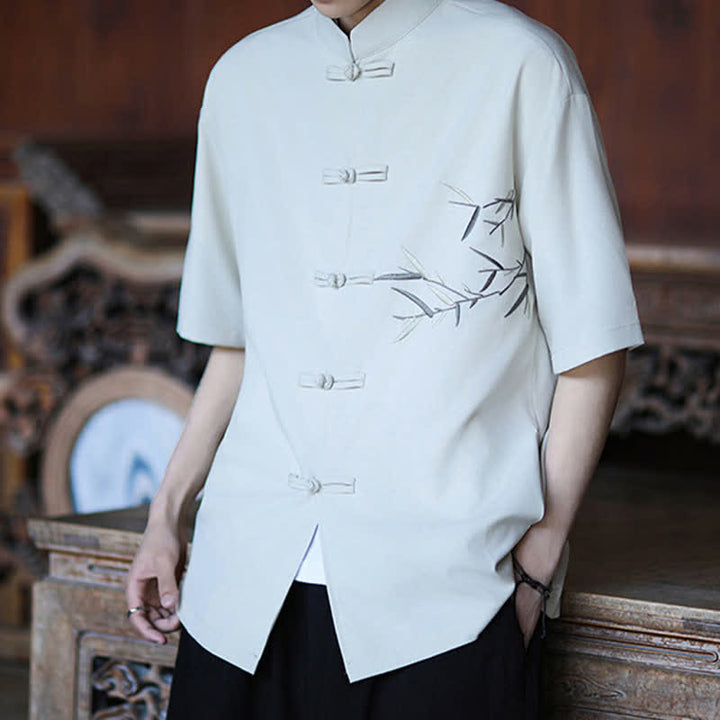 Buddha Stones Camisas de manga corta para hombre estilo Tang de verano con cuello mandarín, botones de rana y bordado de bambú. - image 4