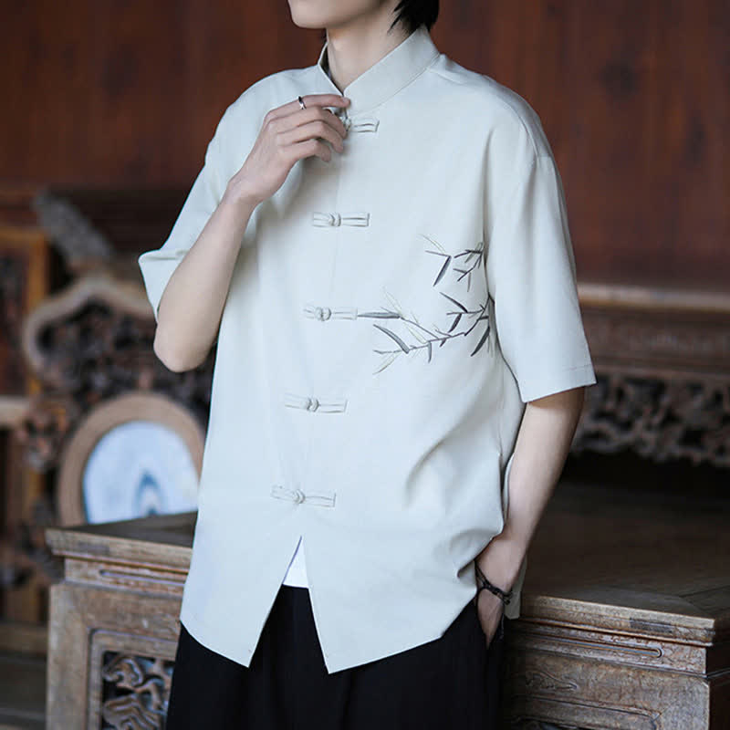 Buddha Stones Camisas de manga corta para hombre estilo Tang de verano con cuello mandarín, botones de rana y bordado de bambú. - image 2