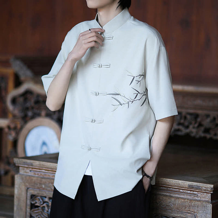 Buddha Stones Camisas de manga corta para hombre estilo Tang de verano con cuello mandarín, botones de rana y bordado de bambú. - image 2