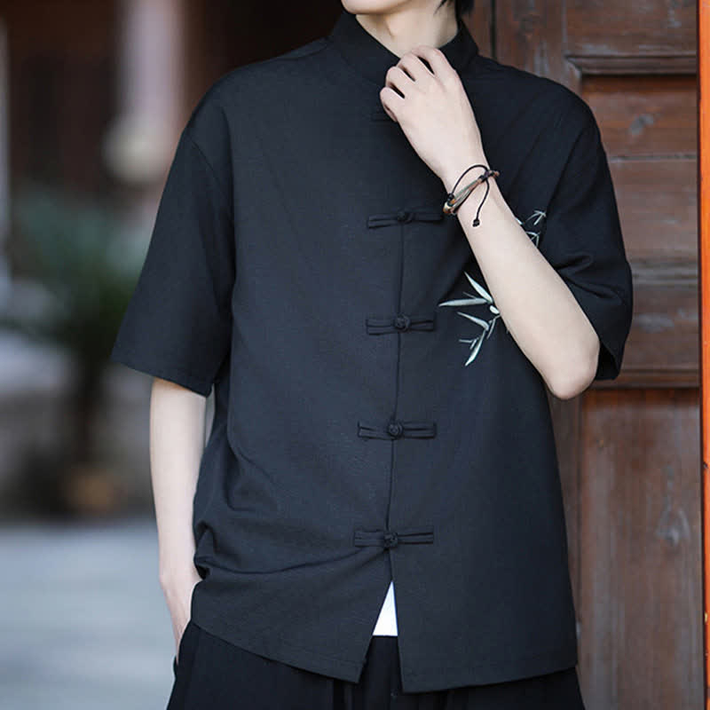 Buddha Stones Camisas de manga corta para hombre estilo Tang de verano con cuello mandarín, botones de rana y bordado de bambú. - image 10