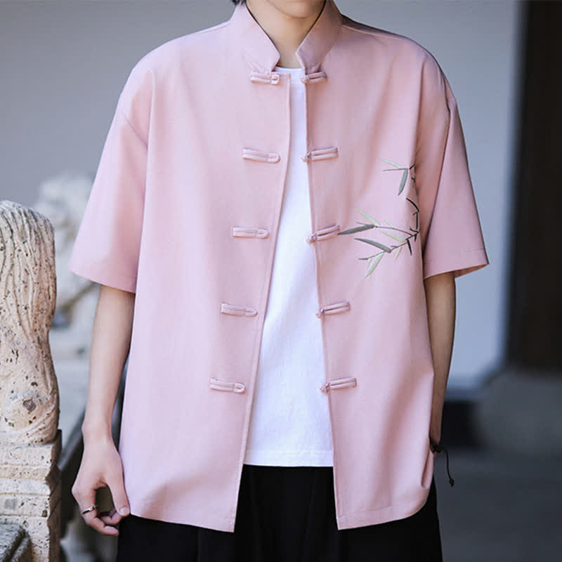 Buddha Stones Camisas de manga corta para hombre estilo Tang de verano con cuello mandarín, botones de rana y bordado de bambú. - image 21