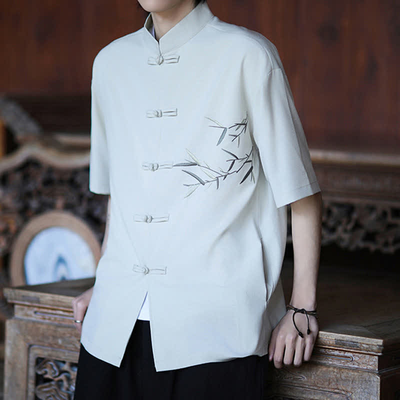Buddha Stones Camisas de manga corta para hombre estilo Tang de verano con cuello mandarín, botones de rana y bordado de bambú. - image 6