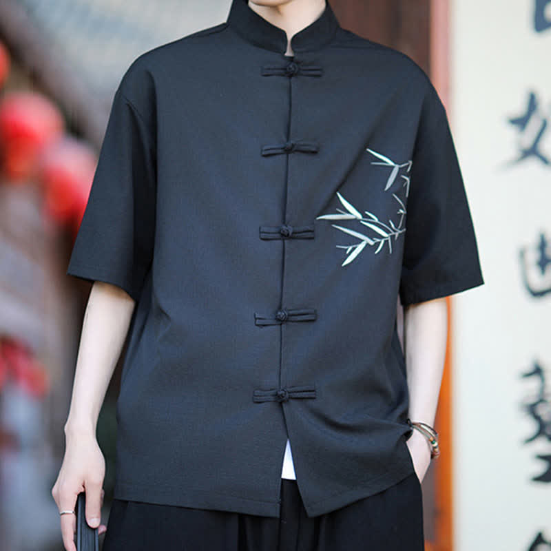 Buddha Stones Camisas de manga corta para hombre estilo Tang de verano con cuello mandarín, botones de rana y bordado de bambú. - image 12