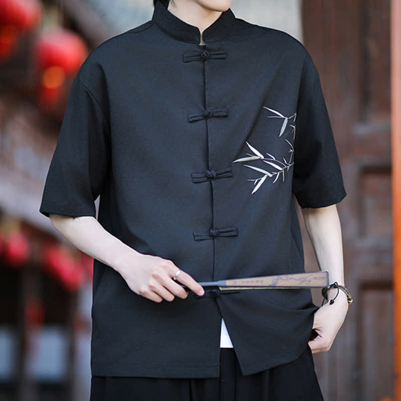 Buddha Stones Camisas de manga corta para hombre estilo Tang de verano con cuello mandarín, botones de rana y bordado de bambú. - image 13