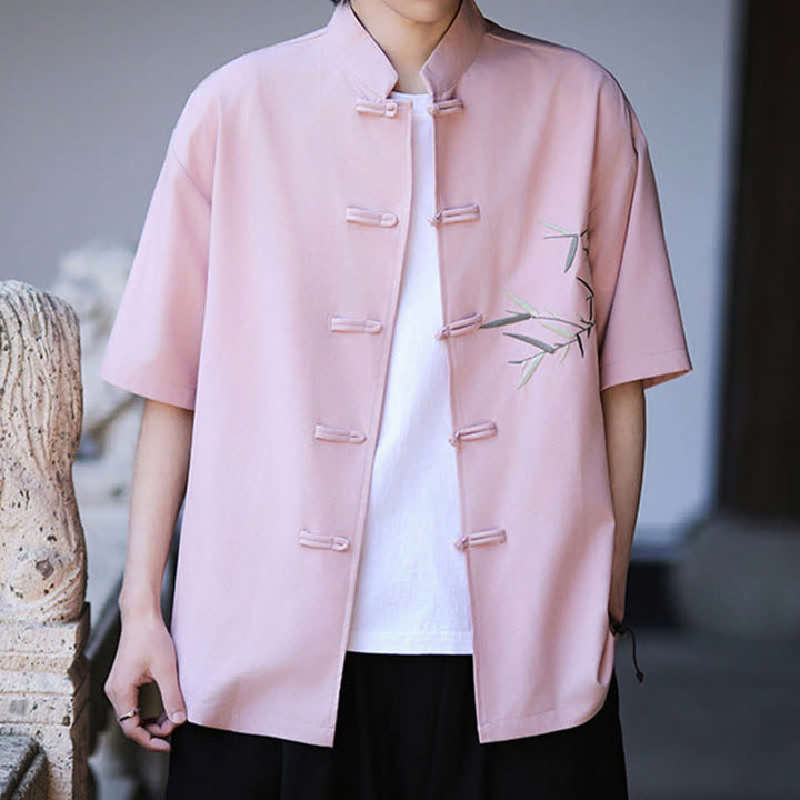 Buddha Stones Camisas de manga corta para hombre estilo Tang de verano con cuello mandarín, botones de rana y bordado de bambú. - image 22