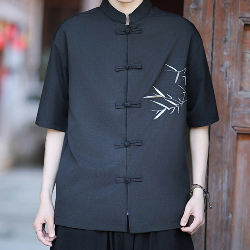 Buddha Stones Camisas de manga corta para hombre estilo Tang de verano con cuello mandarín, botones de rana y bordado de bambú. - image 9