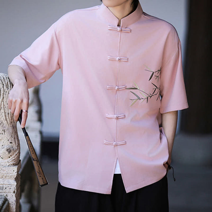 Buddha Stones Camisas de manga corta para hombre estilo Tang de verano con cuello mandarín, botones de rana y bordado de bambú. - image 24