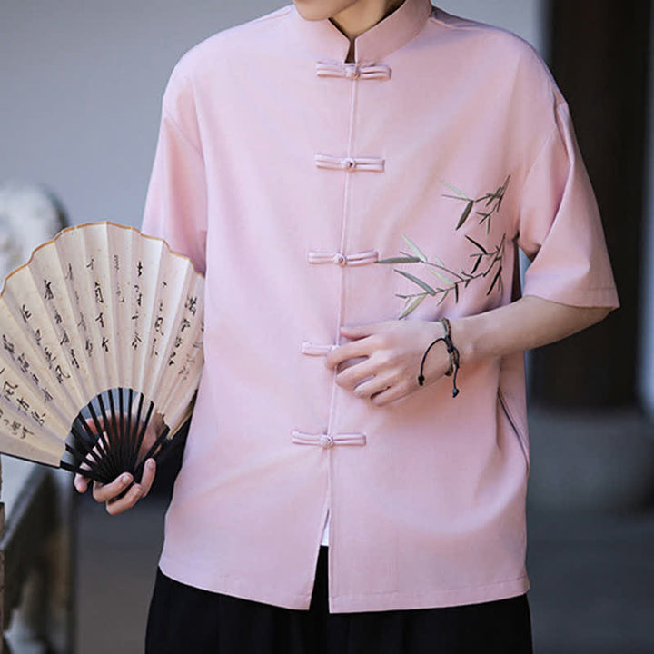 Buddha Stones Camisas de manga corta para hombre estilo Tang de verano con cuello mandarín, botones de rana y bordado de bambú. - image 26