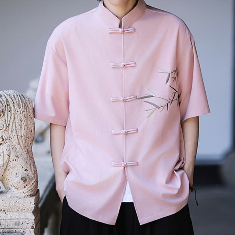Buddha Stones Camisas de manga corta para hombre estilo Tang de verano con cuello mandarín, botones de rana y bordado de bambú. - image 27