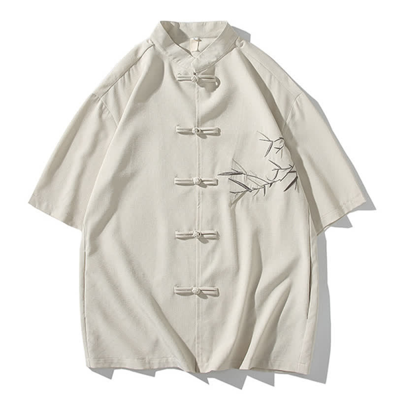 Buddha Stones Camisas de manga corta para hombre estilo Tang de verano con cuello mandarín, botones de rana y bordado de bambú. - Lino - US/UK/AU46, EU56 (5XL) - image 30