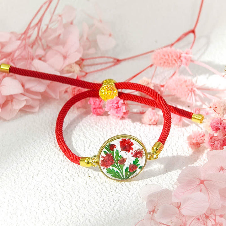 Buddha Stones Pulsera ajustable de cuerda trenzada con flor de nacimiento hecha a mano con resina - Clavel (circunferencia de la muñeca: 17–22 cm) - image 2
