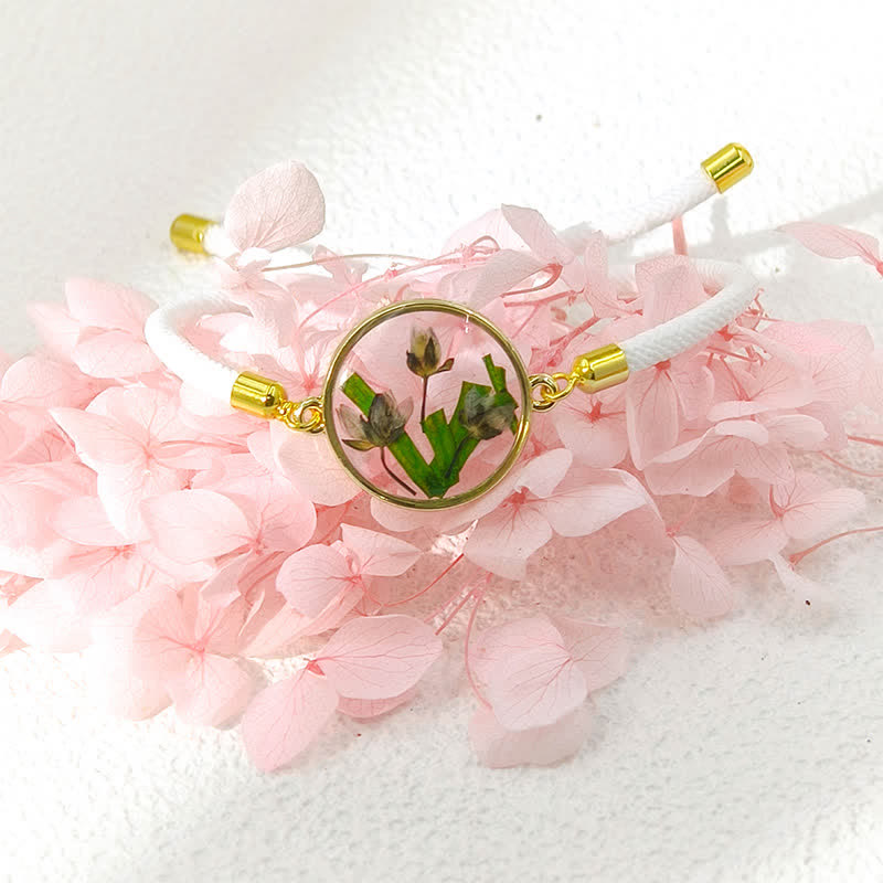 Buddha Stones Pulsera ajustable de cuerda trenzada con flor de nacimiento hecha a mano con resina - Campanilla de invierno (circunferencia de la muñeca: 17–22 cm) - image 4