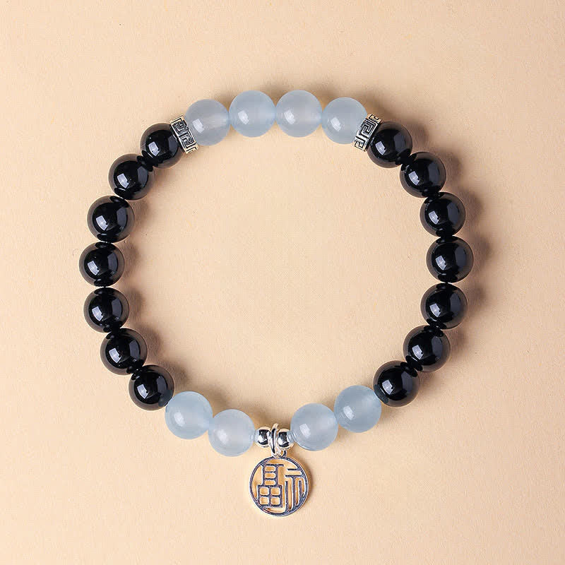 Buddha Stones Pulsera de cuentas con el personaje Fu de ónix negro para la buena suerte - Ónix negro y calcedonia azul (circunferencia de la muñeca: 15-16 cm) - image 12