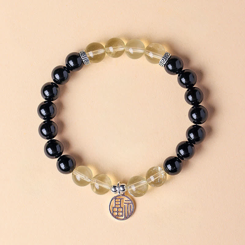 Buddha Stones Pulsera de cuentas con el personaje Fu de ónix negro para la buena suerte - Citrino de ónix negro (circunferencia de la muñeca: 15-16 cm) - image 1