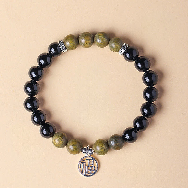 Buddha Stones Pulsera de cuentas con el personaje Fu de ónix negro para la buena suerte - Ónix negro y sándalo verde (circunferencia de la muñeca: 15-16 cm) - image 16