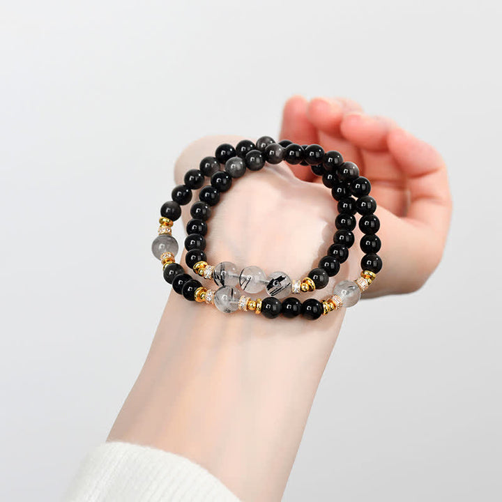 Buddha Stones Pulsera relajante de doble vuelta con obsidiana de brillo plateado natural - image 7