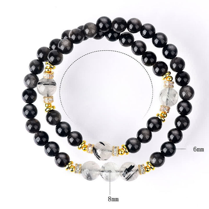 Buddha Stones Pulsera relajante de doble vuelta con obsidiana de brillo plateado natural - image 8