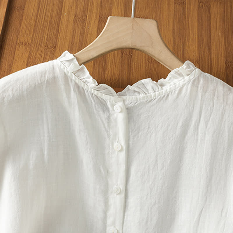 Buddha Stones Camisas sin mangas lisas para mujer, estilo casual de verano, con cuello con volantes y cierre de botones en la espalda. - image 15