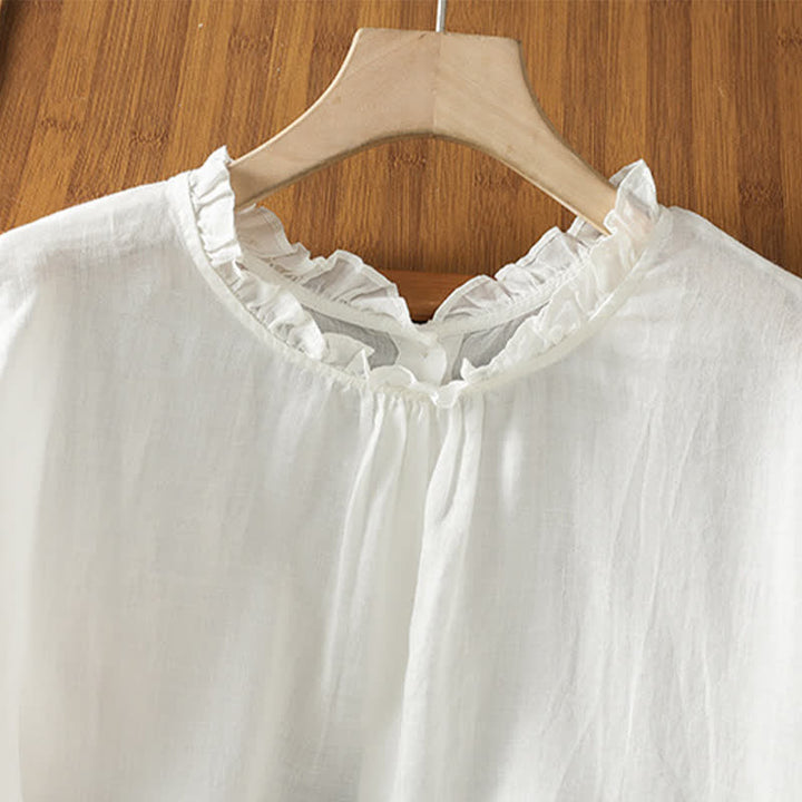 Buddha Stones Camisas sin mangas lisas para mujer, estilo casual de verano, con cuello con volantes y cierre de botones en la espalda. - image 16