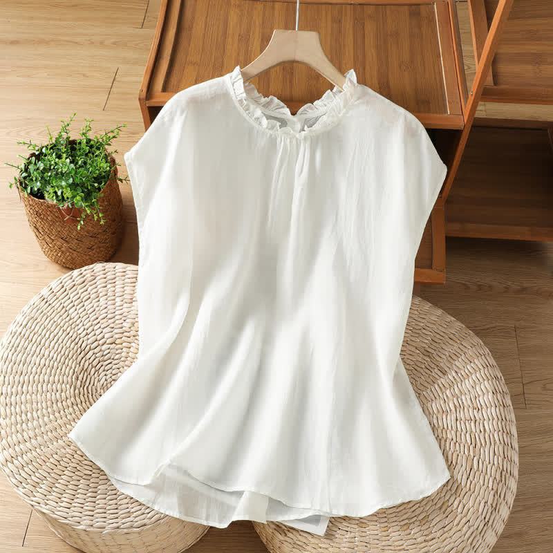 Buddha Stones Camisas sin mangas lisas para mujer, estilo casual de verano, con cuello con volantes y cierre de botones en la espalda. - image 14