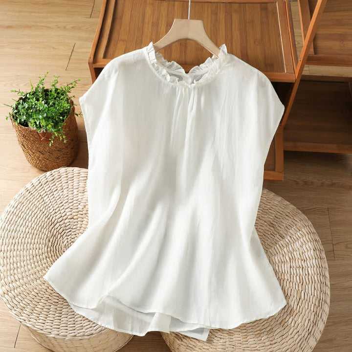 Buddha Stones Camisas sin mangas lisas para mujer, estilo casual de verano, con cuello con volantes y cierre de botones en la espalda. - image 14