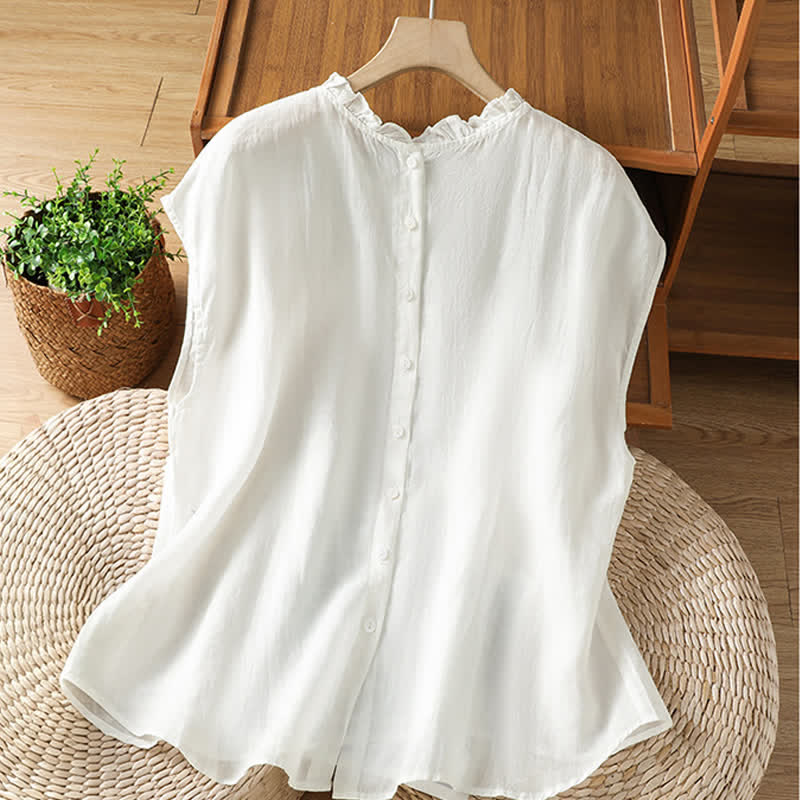 Buddha Stones Camisas sin mangas lisas para mujer, estilo casual de verano, con cuello con volantes y cierre de botones en la espalda. - Blanco - US8-10，UK/AU12-14，EU40-42 (2XL) - image 13