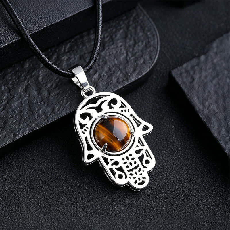 Buddha Stones Collar de fuerza con incrustaciones de cristal de palma de Hamsa y obsidiana negra natural - Ojo de tigre natural (el color puede variar) - image 8