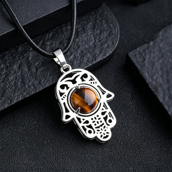 Buddha Stones Collar de fuerza con incrustaciones de cristal de palma de Hamsa y obsidiana negra natural - Ojo de tigre natural (el color puede variar) - image 8