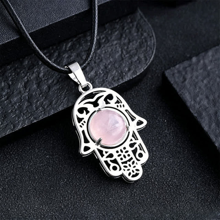 Buddha Stones Collar de fuerza con incrustaciones de cristal de palma de Hamsa y obsidiana negra natural - Cuarzo rosa natural (el color puede variar) - image 18