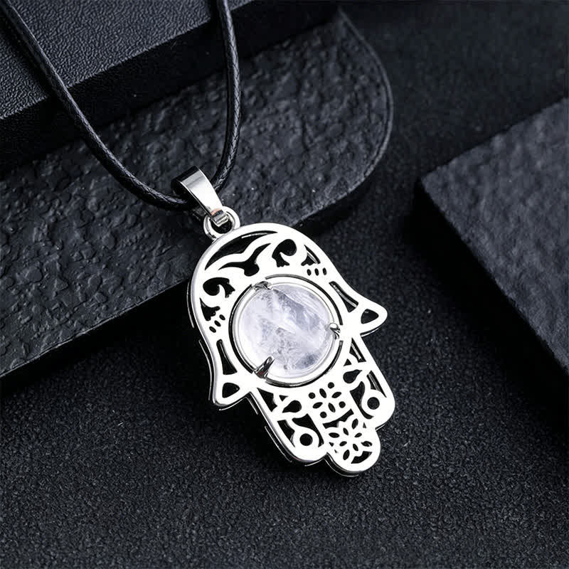 Buddha Stones Collar de fuerza con incrustaciones de cristal de palma de Hamsa y obsidiana negra natural - Cuarzo transparente natural (el color puede variar) - image 14